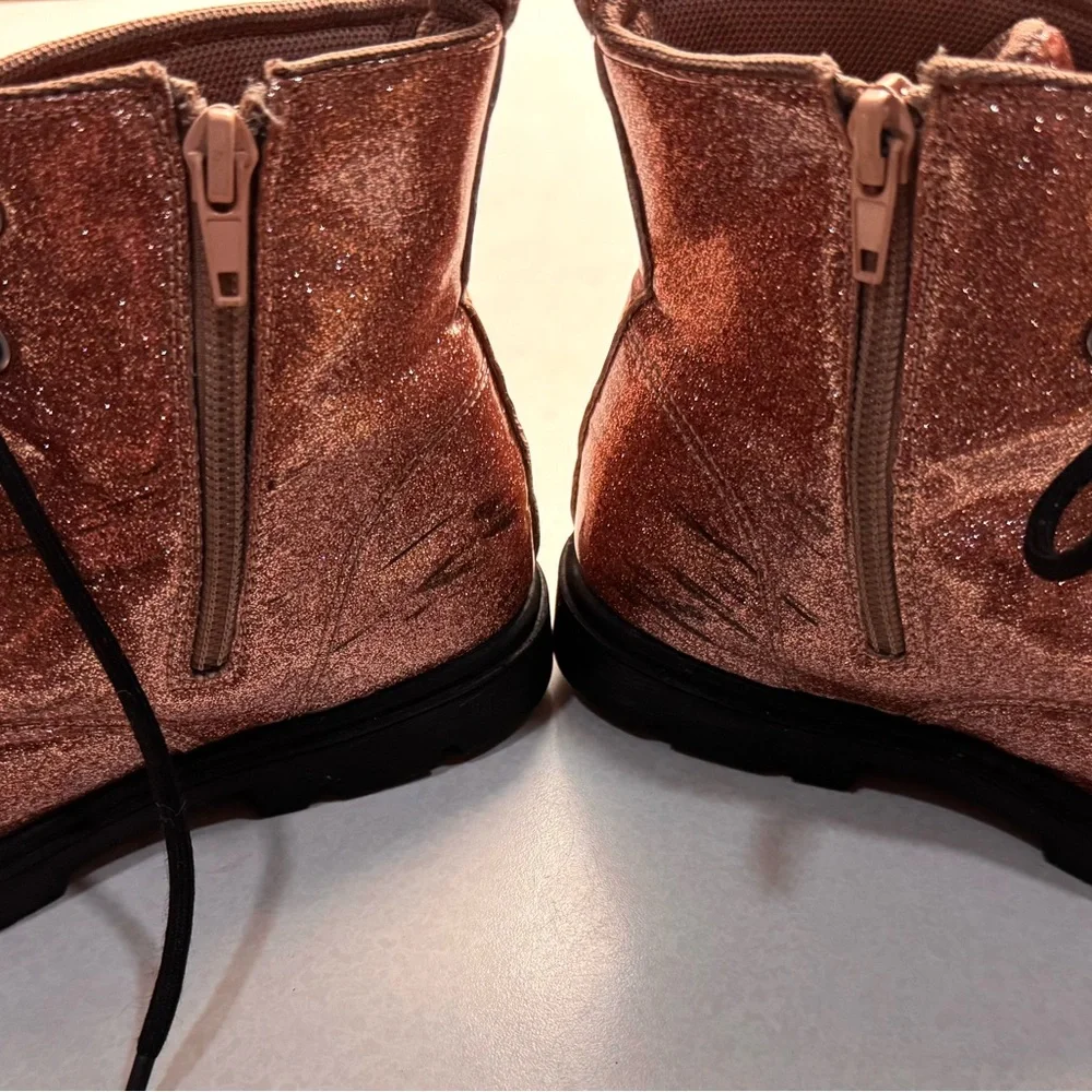 Kids Glitter Lace-Up Boots with Teddy Jewel Accent - Rose Gold